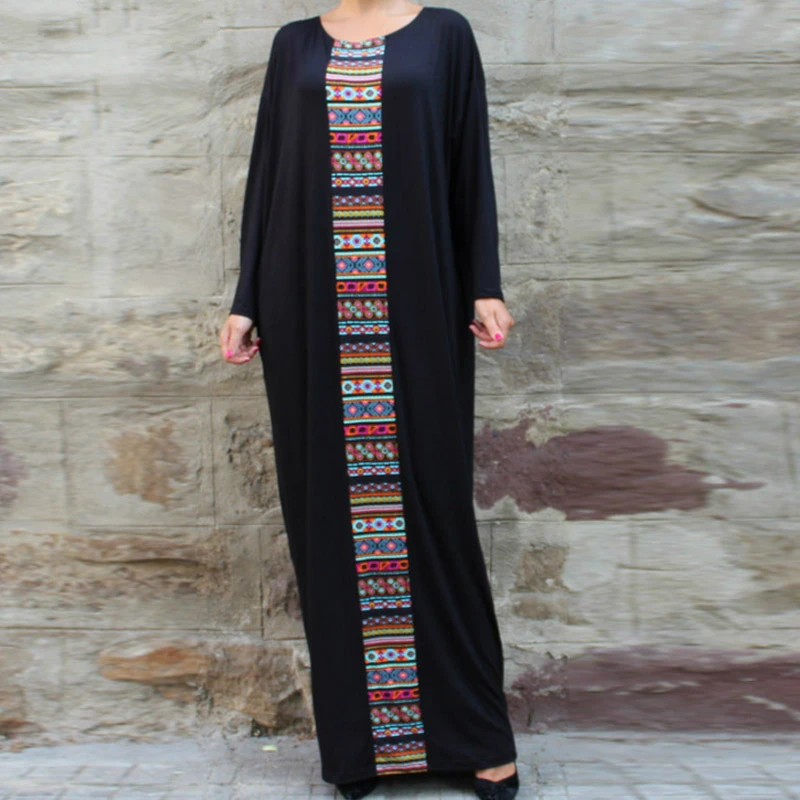 Goede Herfst winter nieuwe 2018 Print Patchwork Batwing Mouw Zwart losse gewaad Hoge Kwaliteit Vrouwen Mode Plus Maten Kleding Maxi jurk