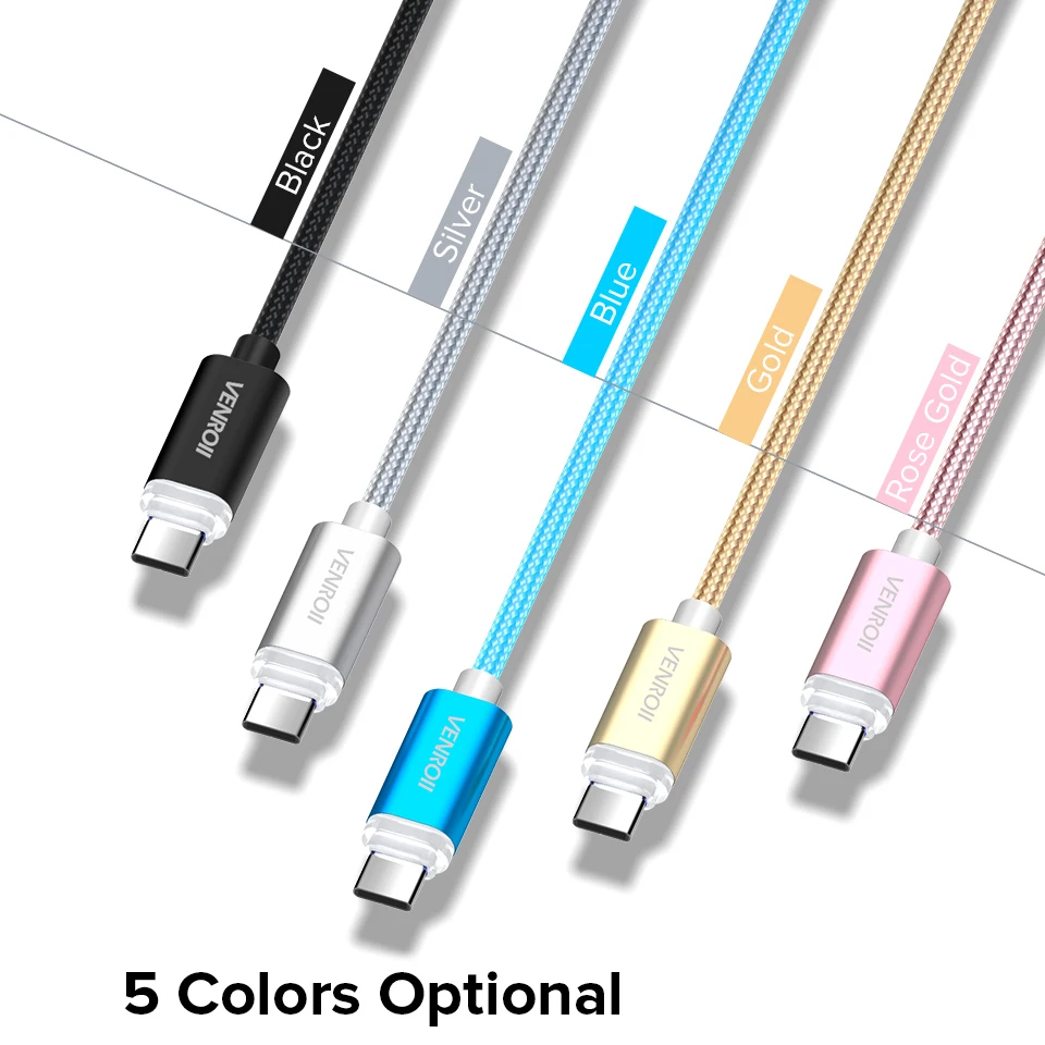 Venroii Тип usb C кабель для быстрой зарядки samsung S10 Xiaomi mi x 3 2 S USBC светодиодный Kable 3ft huawei