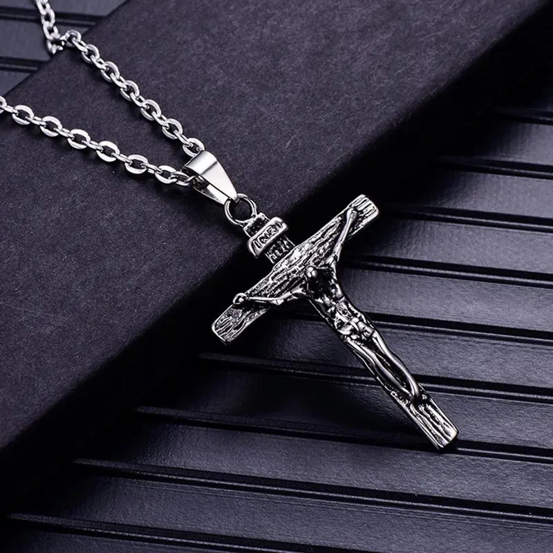 ZFVB Religious Jesus Cross Pendants Necklaces for Men Stainless Steel
