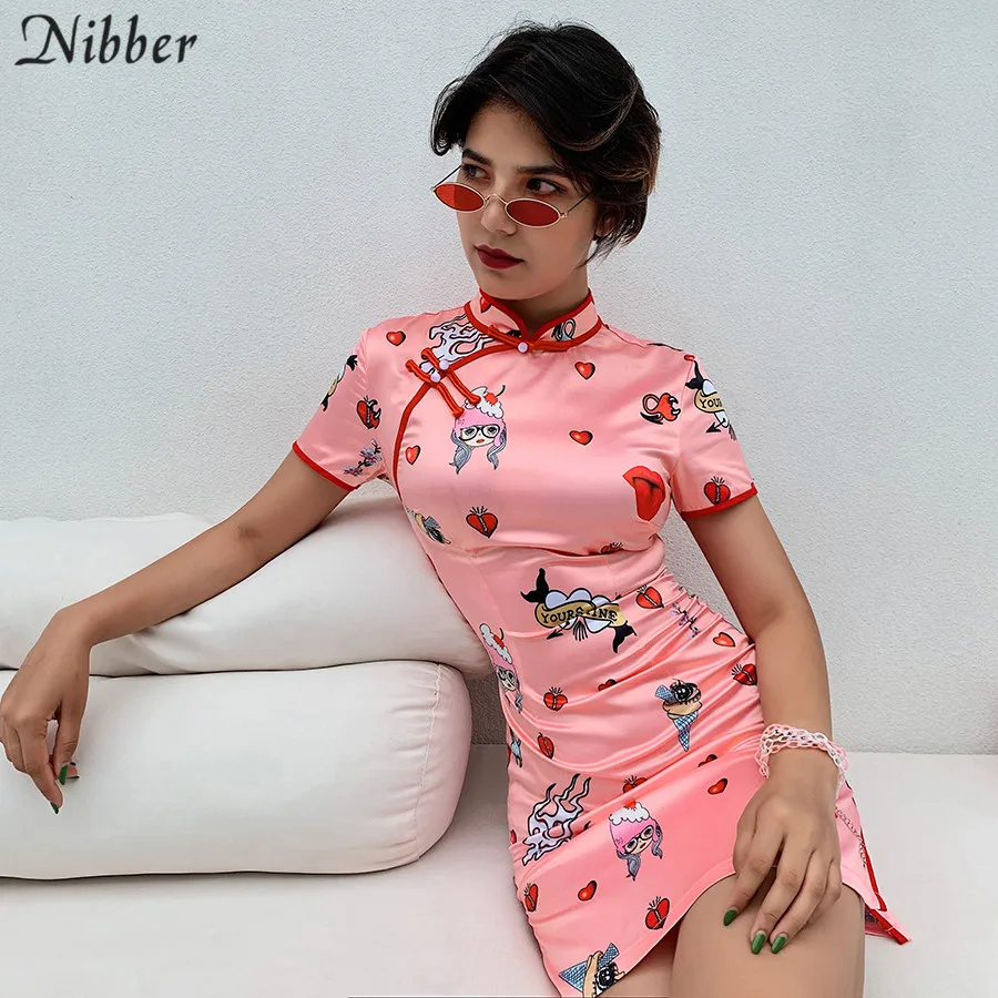 Nibber милое розовое платье Cheongsam, мини-платья для вечеринок women2019summer модные элегантные Клубные вечерние Ночное Платье женское эластичное приталенное платье