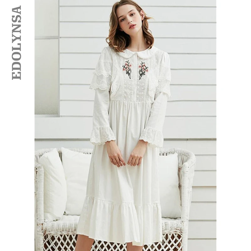 

Princess Style White Cotton Nightgown Women Sleepwear Autumn Winter Home Wear Vintage Embroidery Long Sleeve Hight Dress T369