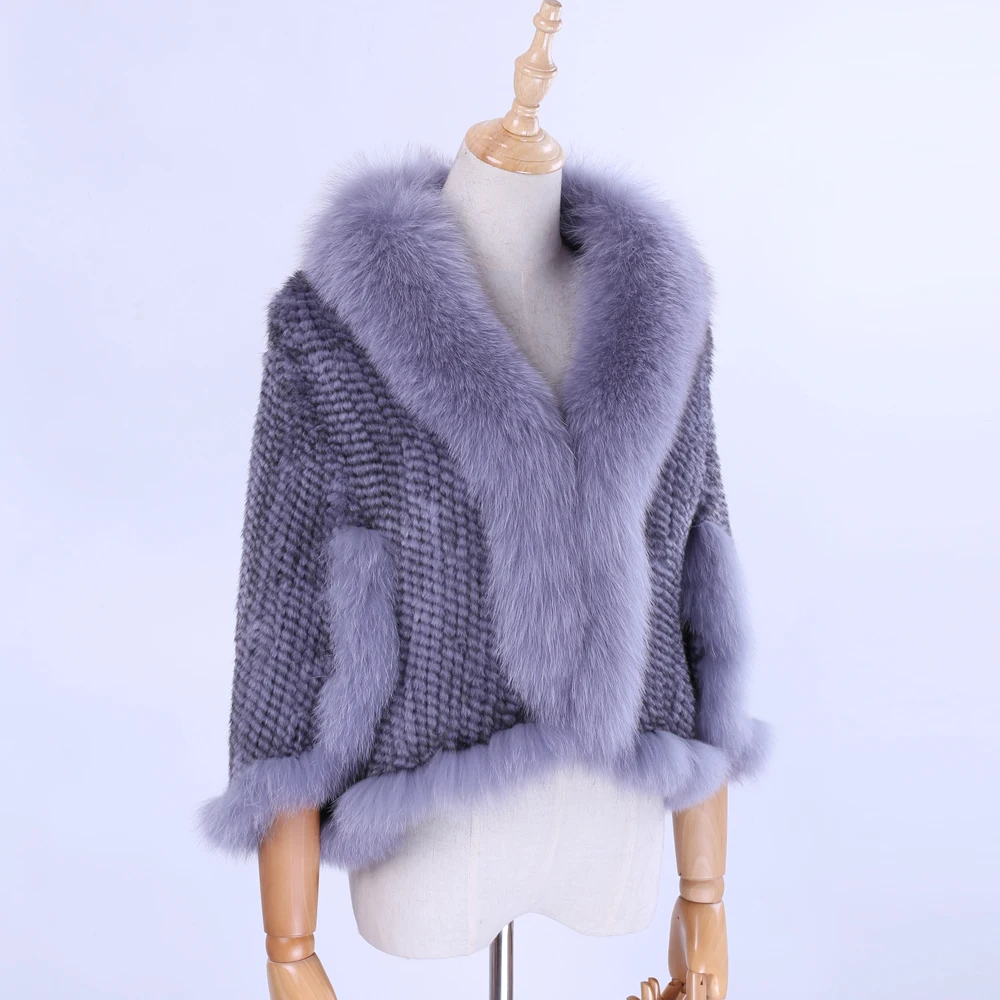

Luxury New Genuine Knitted Mink Fur Shawl Wrap Cape with Fox fur collar Triming women Lady mink fur coat Jacket Stole Amice