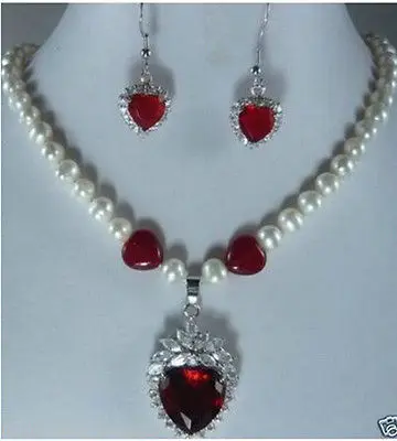 

red heart crystal pendant pearl Necklace earrings women's jewelry SetAAA 18K GP Plated gold Bridal wide watch wings queen JEWE (