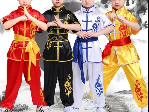

Summer kids&Adult embroidery flower martial arts kung fu uniforms children wushu clothing tai chi suits red/yellow/blue/black