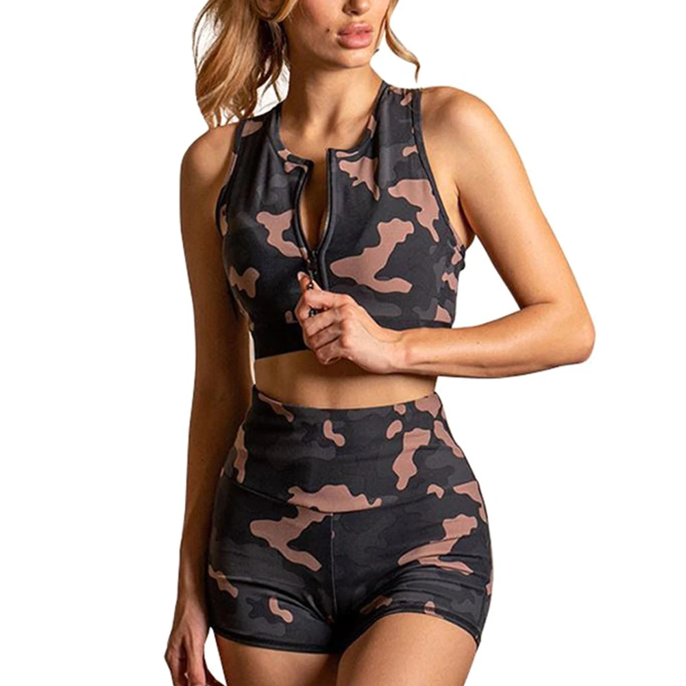 

Women Sports Clothing Suit Crop Tops+Shorts Sleeveless High Waist Camouflage Clothes Set KH889