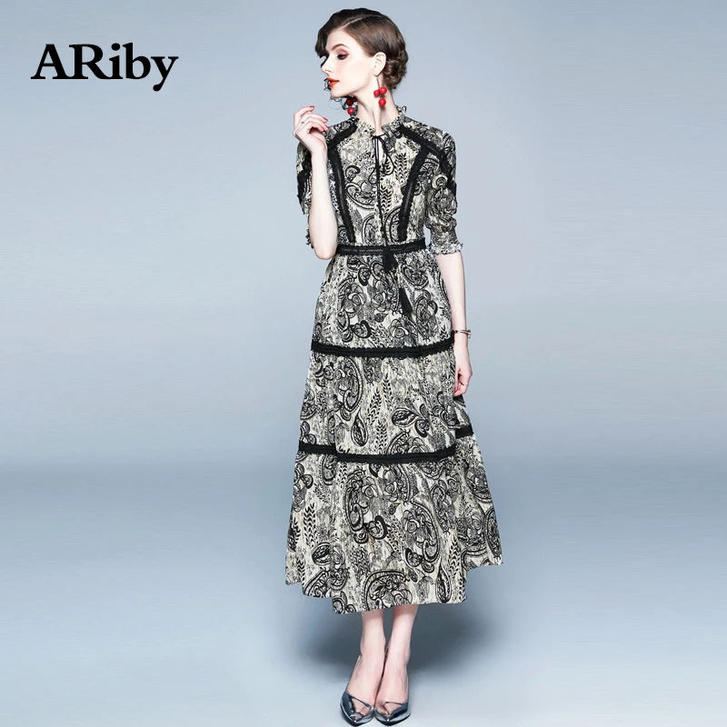 

Women Dress Stand Collar Dress 2019 Spring Summer New Elegant French Retro Lady A-Line Print Lace Lantern Sleeves Long Dress
