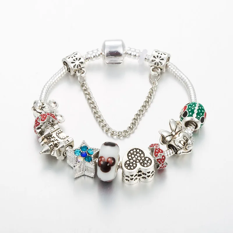 

ANNAPAER Vintage Silver Mickey Minnie Castle Charm Bracelet Women Jewelry Fit Original DIY Glass Bead Bracelet for Girls B19022