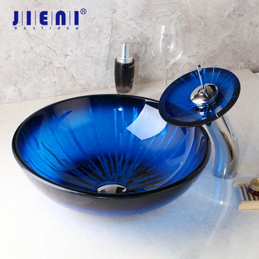 JIENI Dark Blue Bathroom Sink Transparent Tempered Glass Vessel Sink
