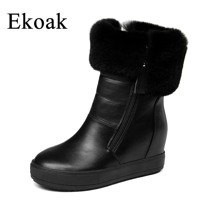 

Ekoak Fashion Rabbit Fur Snow Boots Winter Women Boots Ladies Double Zips Warm Plush Ankle Boots Wedges Platform Shoes Woman