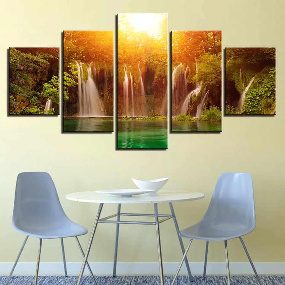 

Canvas Print Painting Modular Home Decor 5 Pieces Sunshine Waterfall Lake Natural Landscape Pictures Living Room Wall Art Poster