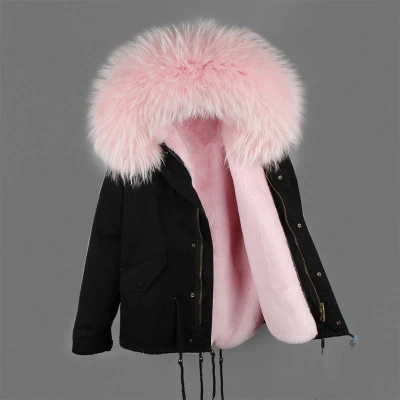 black pure pink Пальто из натурального меха, новинка, большой капюшон из меха енота, зимняя куртка для женщин, парка из натурального меха для женщин, толстая мягкая подкладка, Abrigos De Piel Mujer - Цвет: black pure pink