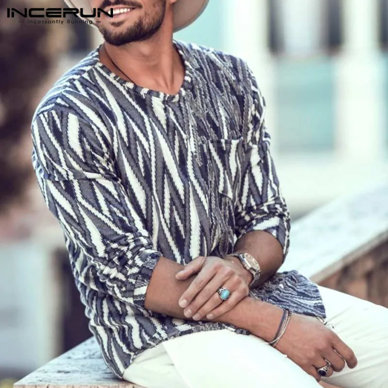 

INCERUN Fashion Men T Shirt Geometric Print O Neck Loose Long Sleeve Tees 2019 Pockets Chic Casual T-shirts Men Camisetas S-5XL