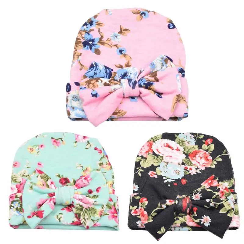 

Cute Baby Girls Knitted Hat Bowknot Flower Print Newborn Cap Casual Decor