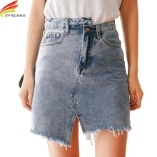 Лето Асимметричный Высокая Талия Для женщин Джинсовые юбки с кисточкой Двойные Карманы Тонкий бедра Вышивка Крестом Пакет Повседневная юбка женщина Saia