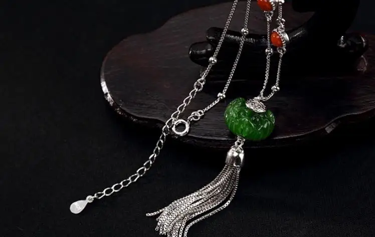

Sterling S925 925 silver Necklace Nephrite lotus Tassels beads pendant charm for woman