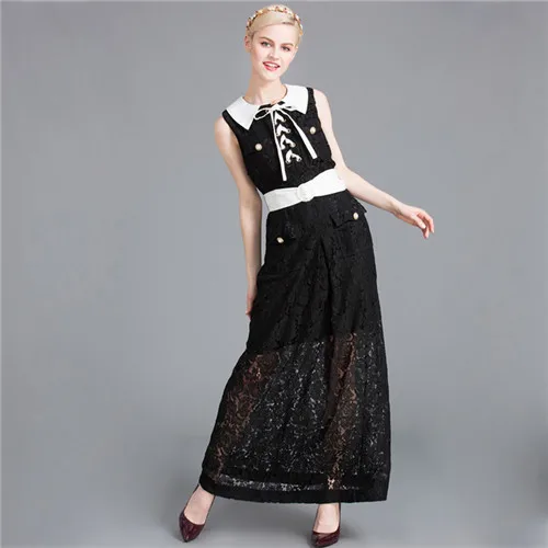 High Quality Summer Dress 2017 New Fashion Runway Women Sleeveless Gorgeous White Collar Black Lace Maxi Long Dress Tie Strappy long-white-lace-dress