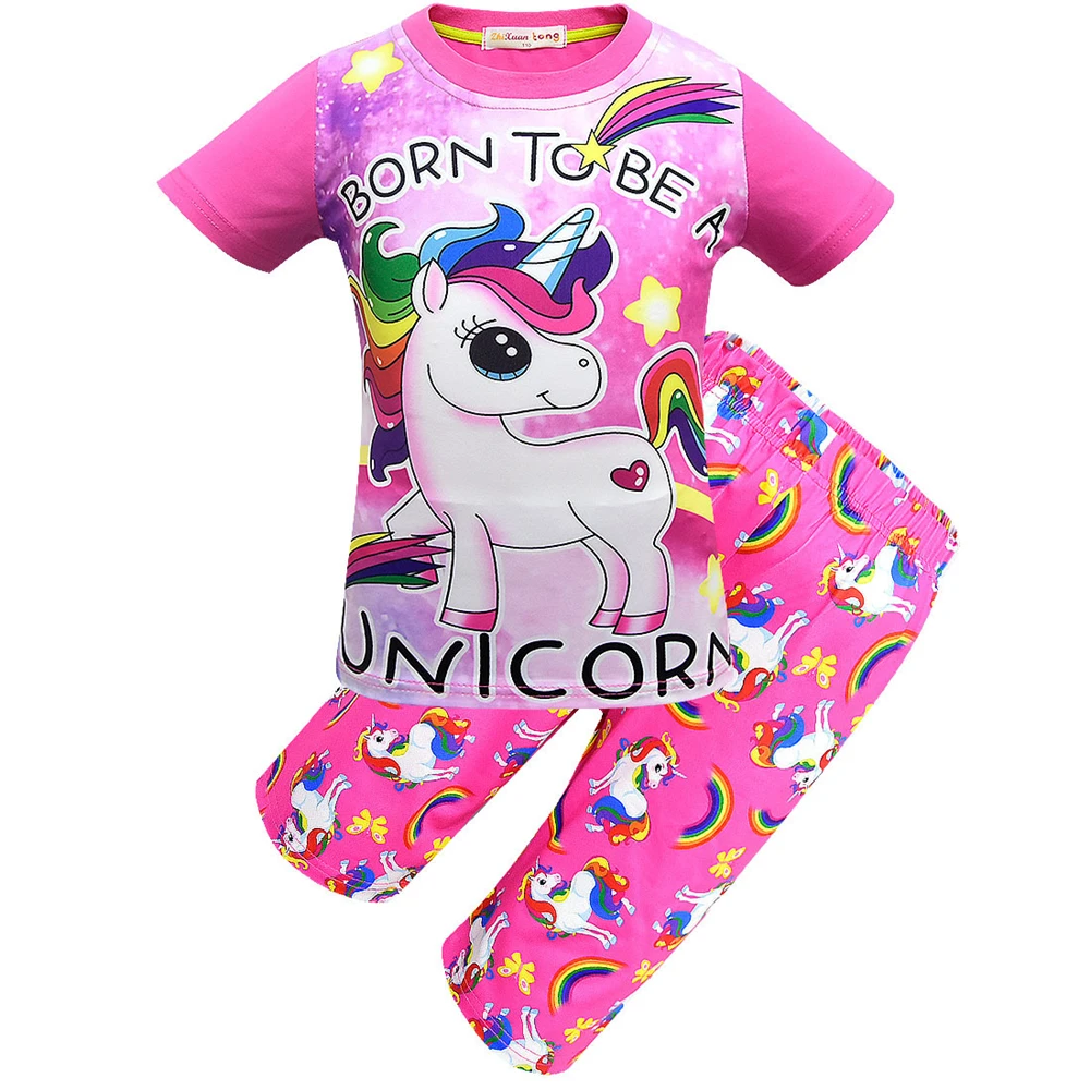 Пижамные комплекты с единорогом для девочек, хлопковая одежда для сна, летняя Пижама с короткими рукавами, розовая Рождественская Пижама с радугой, одежда для сна с изображением пони