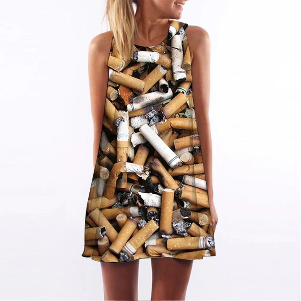 

2019 New Cigarette pattern Mini Dress Chic High Fashion Women Summer Butt Printing Dresses Casual Sleeveless Beach Dress