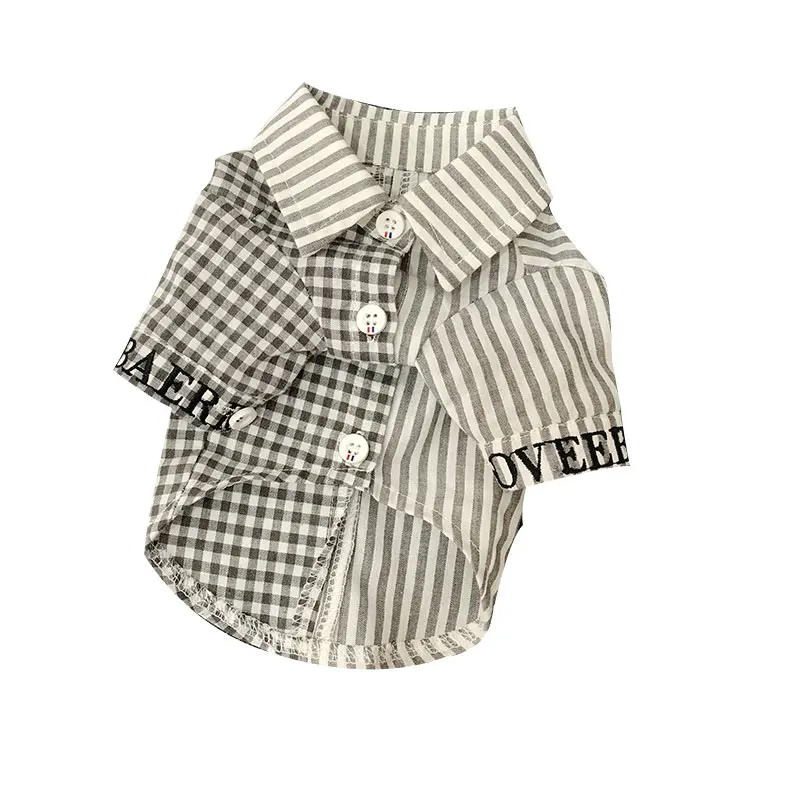 

Dog clothes Teddy spring and summer Xiong Bomei puppy puppies clothing Cotton and linen two-color plaid striped shirt X32