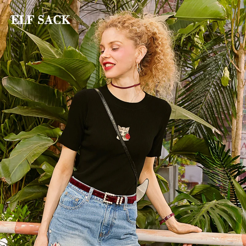 ELF SACK 2019 Skinny Woman Sweater Casual Hand Knitted O-Neck Short Women Pullovers Cat Print Streetwear Female Sweater