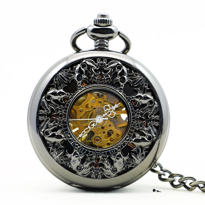 

2019 Top Brand Silver Enamel Roman Number Fashion Fish Patter Mechanical Hand Wind Pocket Watches PJX1149