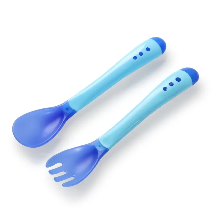 Satety ложка для кормления ребенка и вилка, детская посуда, набор, красочная противоскользящая детская ручка, обучающая посуда, детские блюда - Цвет: Blue