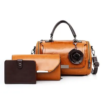 

JIULIN 2019 New Fashion Three-piece Oil-coated Wax Leather Single Shoulder Crossing Flower Bag High-end Atmospheric Handbag