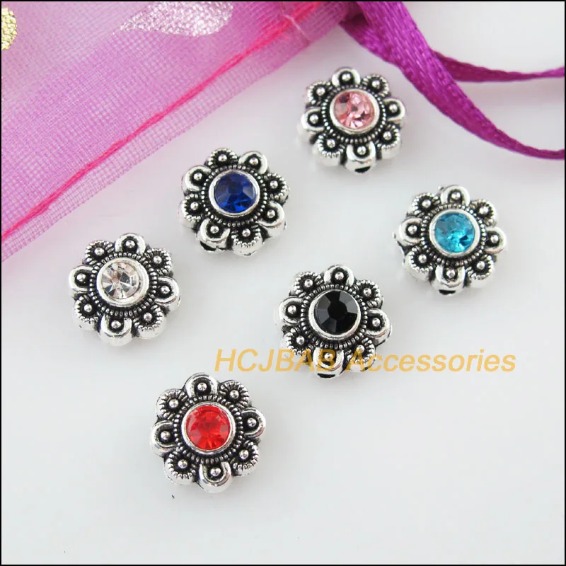 

18Pcs Tibetan Silver Mixed Crystal Flower Charms Pendants 9mm