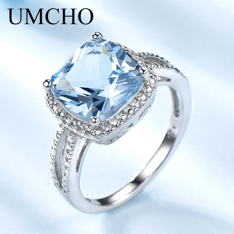 UMCHO Real 925 Sterling Silver Rings For Women Gemstone Aquamarine Sky Blue Topaz Ring Cushion Romantic Gift Engagement Jewelry UMCHO Real 925 Sterling Silver Rings For Women Gemstone Aquamarine Sky Blue Topaz Ring Cushion Romantic Gift Engagement Jewelry
