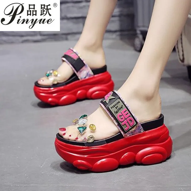 

2019 New Women's Leather Sandals Summer Fashion High Heels Platform Shoes Woman Leisure Thick Bottom slippers Mujer