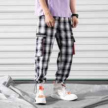 Клетчатые брюки мужские черные Синие Клетчатые мешковатые уличные эластичные брюки тартан хип хоп Харадзюку карго брюки мужские