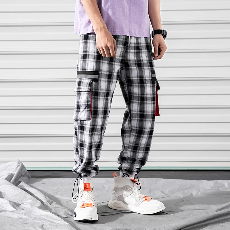 

Checkered Pants Mens Black Blue Plaid Baggy Streetwear Elestic Waist Tartan Trousers Hip Hop Harajuku Cargo Foot Pant Man