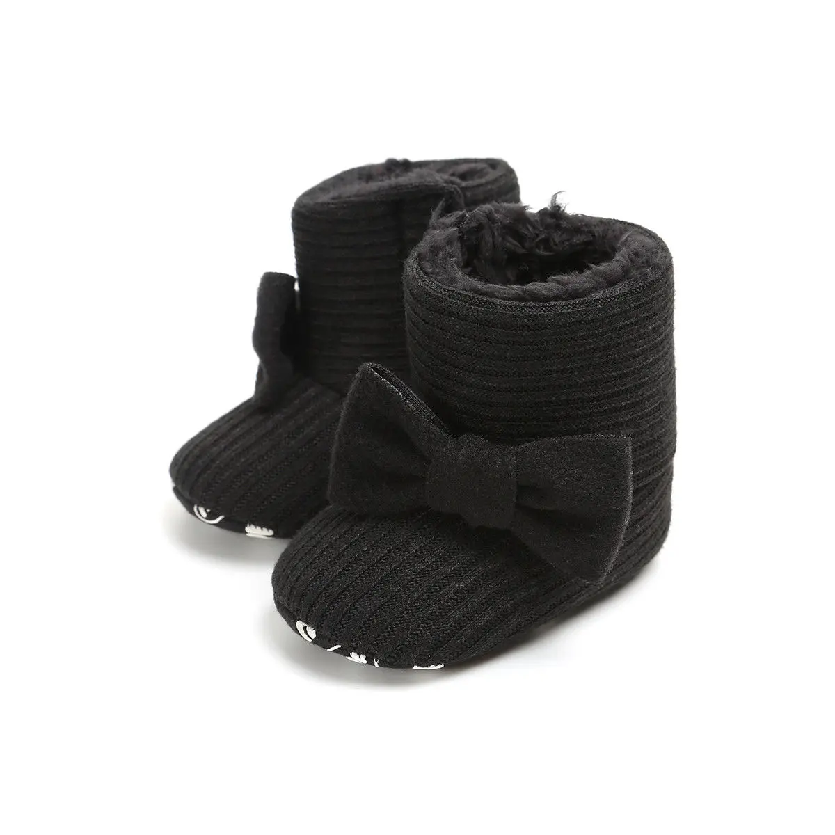 Милые детские ботинки для девочек, хлопковая мягкая подошва, теплый бант, без шнуровки, детская зимняя обувь, одноцветные детские зимние ботинки для малышей 0-18 месяцев - Цвет: Черный