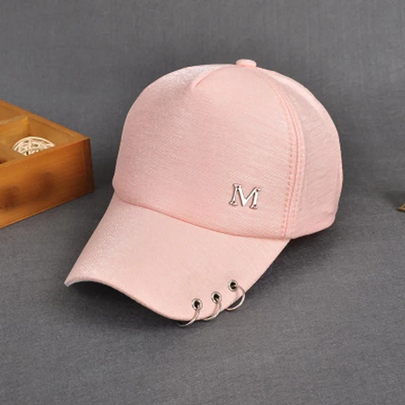  2017 New Metal Letter M Lron Ring Pink Classic 5 Panel Women Baseball Cap Ladies Youth Snapback  High Quality Baseball Cap