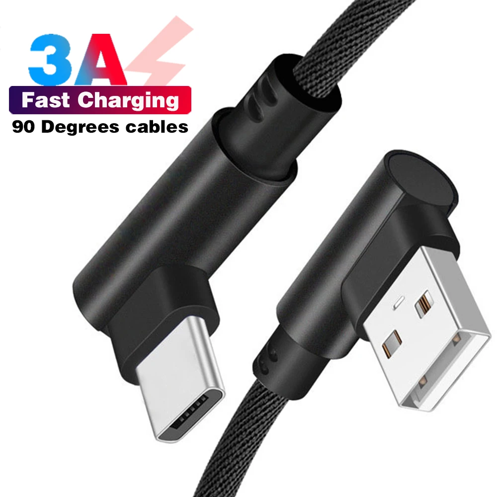 

1m 2m 90 Degree Data Charger Type C 3A Fast Cable for Huawei P30 Xiaomi MI9 Samsung S9 S8 S7 USB C Phone Origin Long Cord Charge