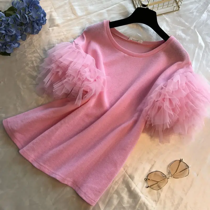 

2019 New Summer Women's Simple Pure-colored T-shirt Round Collar Mesh Splicing Short-sleeved T-shirt Students Basic Tops