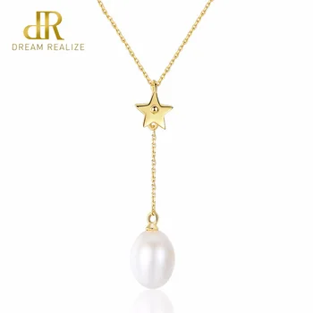 

DR 18K Gold Color Charm Chain 9-10mm Natural Pearl Jewelry Star Necklaces & Pendants Bohemian Necklaces For women Best Gift