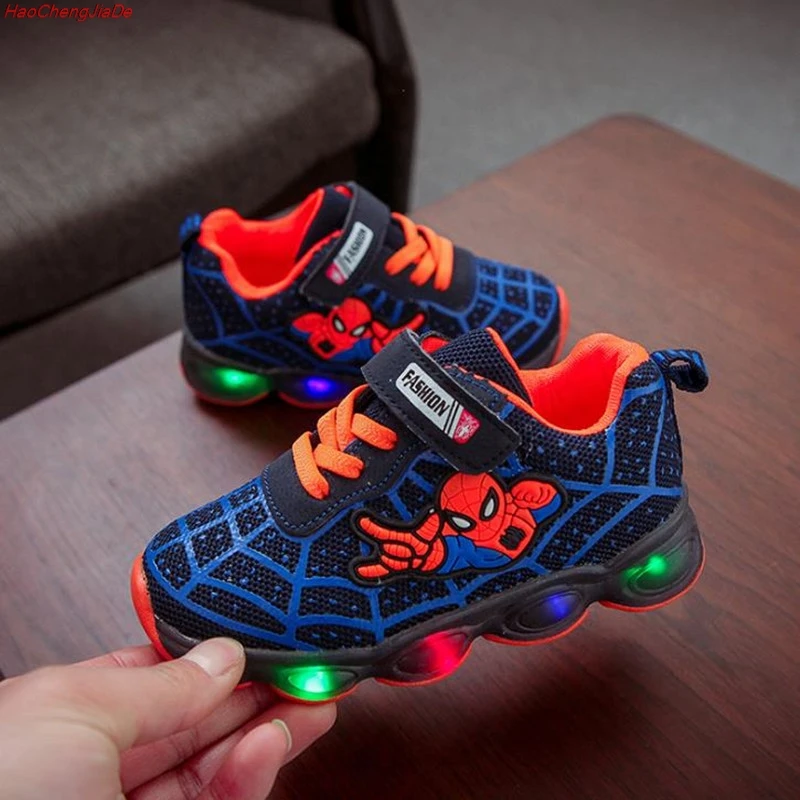 HaoChengJiaDe/детская обувь с человеком-пауком; светильник; детская светящаяся спортивная обувь; Светящиеся кроссовки для маленьких мальчиков и девочек; туфли со светодиодной подсветкой