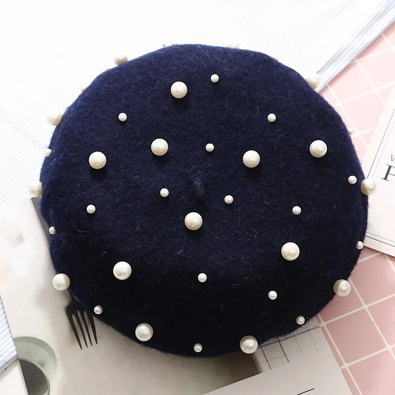 navy blue Шерсть Женские Зимние береты Роскошные Жемчужные заклепки винтажные кашемировые женские теплые Vogue береты шапки для девушек плоская шапка берет для женщин - Цвет: navy blue