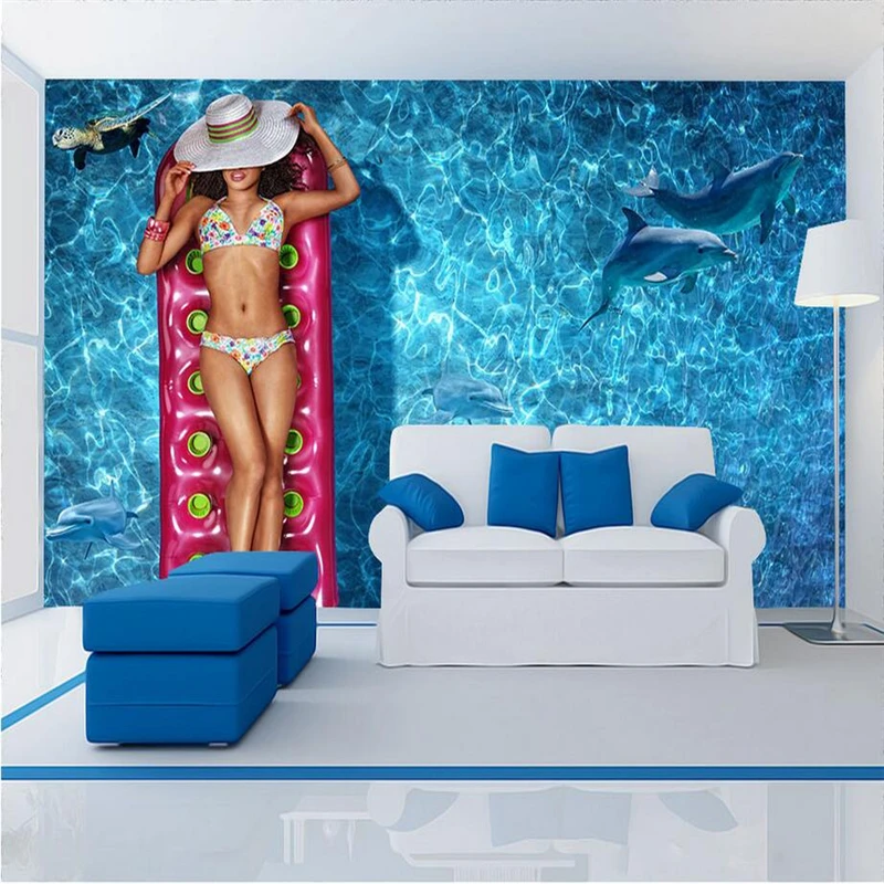 Custom Wallpaper 3D Stereoscopic Bikini Beauty Murals Blue Sea Wallpapers Wall Papers for Living Room Home Decor Theme Hotel |