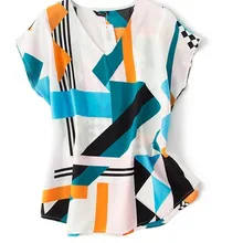 Шелк, крепдешин, круглый вырез, модный принт, код размера, футболка с короткими рукавами