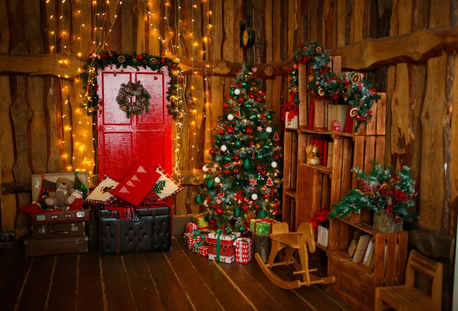 

Laeacco Wooden House Christmas Trees Gift Chair Scene Photography Backgrounds Customized Photographic Backdrops For Photo Stadio