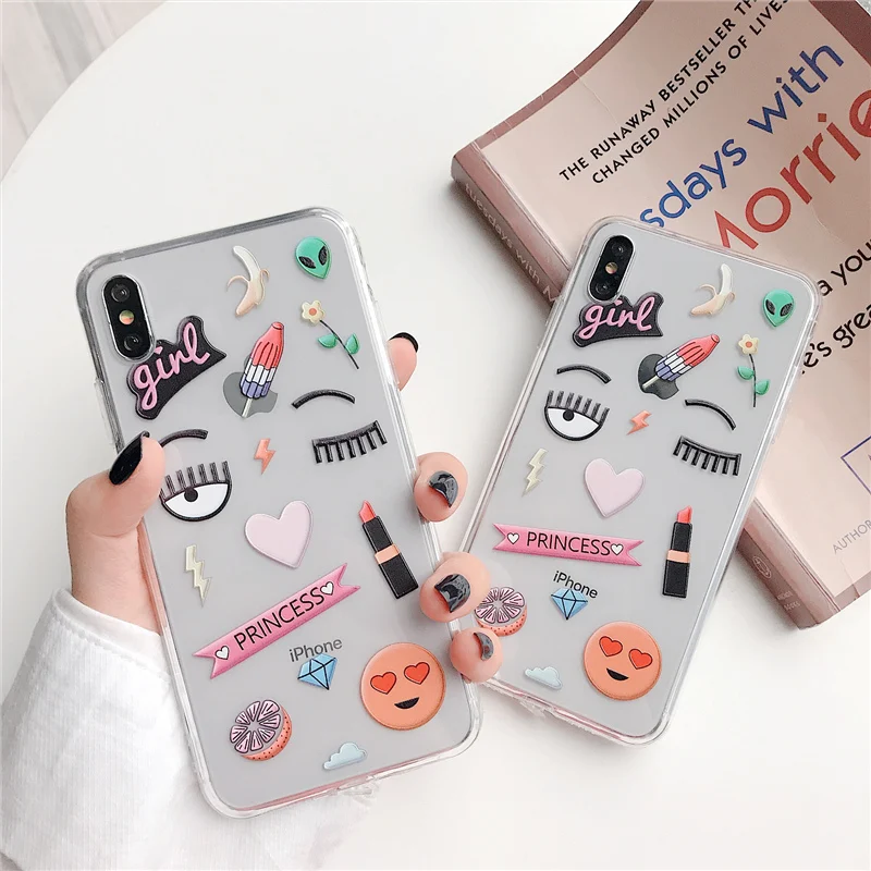 

ins Blink eyes Lipstick phone Case For iphone XS Max XR XS for iphone 6 6s 7 8 plus Sexy girls Clear soft tpu case capa fundas