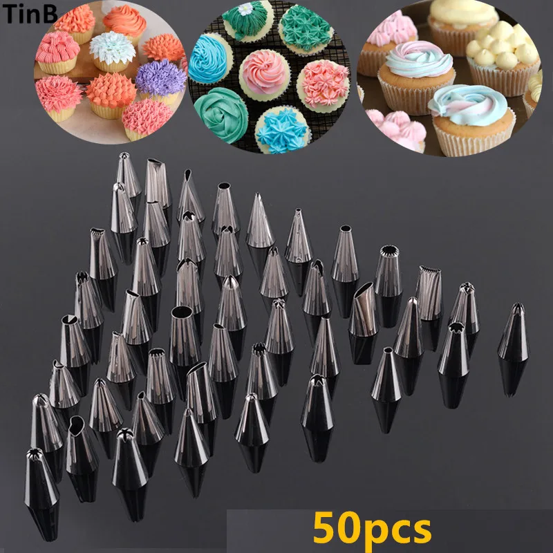 

50pcs Pastry Nozzles Icing Nozzles Stainless Steel Metal Cream Russian Piping Tips Cake Decorating Tools Bakeware Cupcake Tools