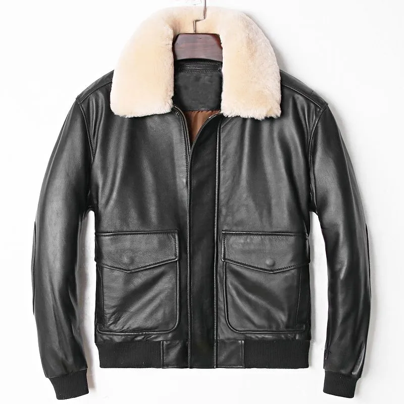 

Plus Size Thick Warm Sheepskin Genuine Leather Pilot Jacket Mens Turn-Down Collar Detachable Zipper Real Leather Aviator Jacket