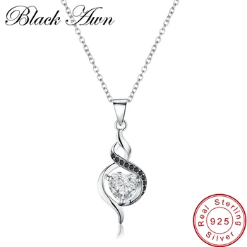 

[BLACK AWN] Genuine 925 Sterling Silver Jewelry Necklaces Pendants Trendy Gourd Black Spinel Stone Necklace for Women P077