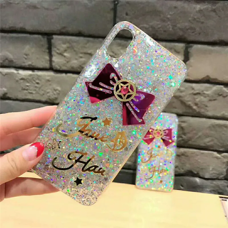 Ayeena Phone Case For iPhone 7 8 Shinning Glitter Bling Love Heart Bow Back Cover Capa Coque iPhone7 6 6s Plus X Fundas Caja |