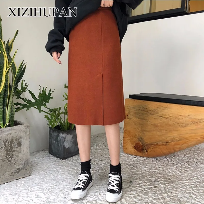 Xizihupan Разделение Высокая талия юбка женский сплошной цвет линии Midi Bodycon Юбки для