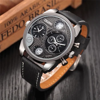 

Oulm Leather Watches Men Luxury Brand Top Quartz Sport Watch Male Dual Time Zone Military Casual Wristwatch erkek kol saati