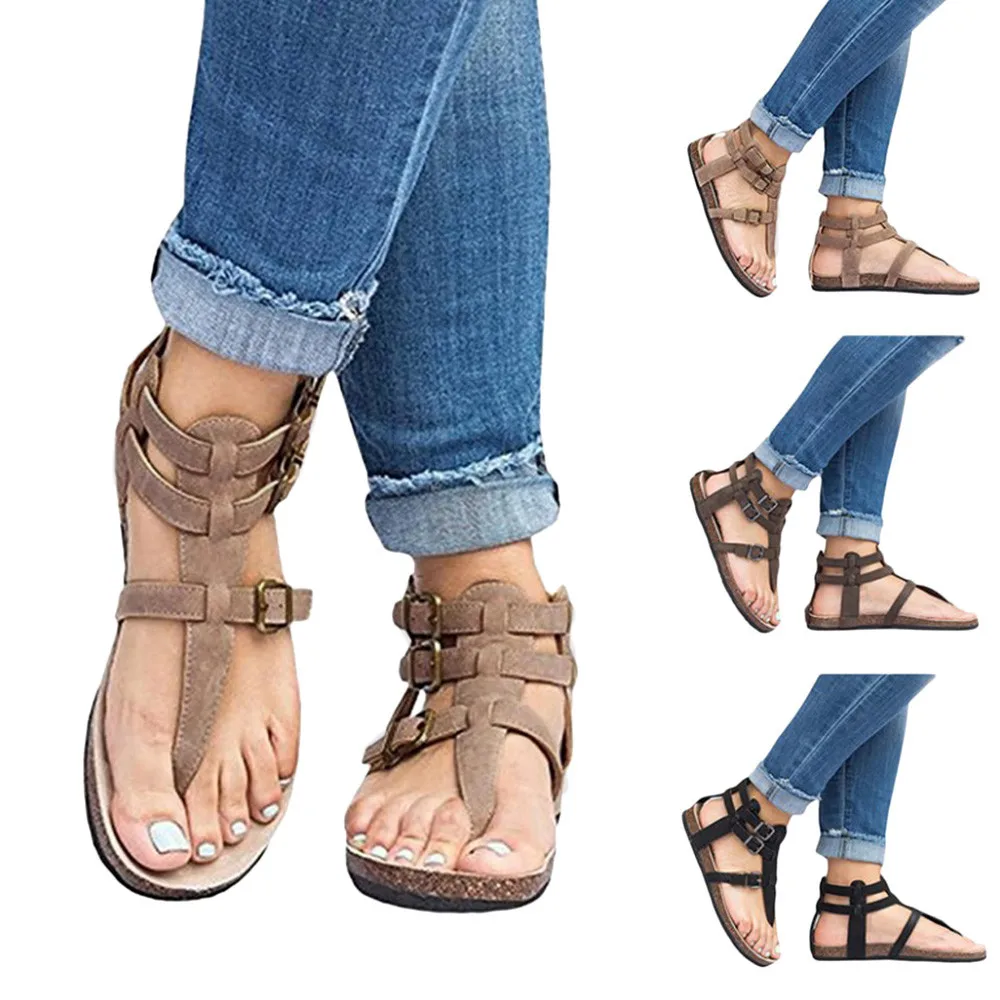 

2019 New design Leather buckle sandals roman shoes women flat sandals women black leather #AY3